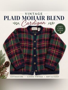 Vintage Northern Isles Plaid Mohair Blend Cardigan Cozy Cottagecore Sweater